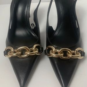 Zara Heeled Slingback Leather Stiletto Heel Gold Chain Women's EU 37 US 6.5